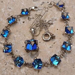 Swarovski Cubed Two Tone Crystal and Sterling Necklace and Bracelet Demi Parure